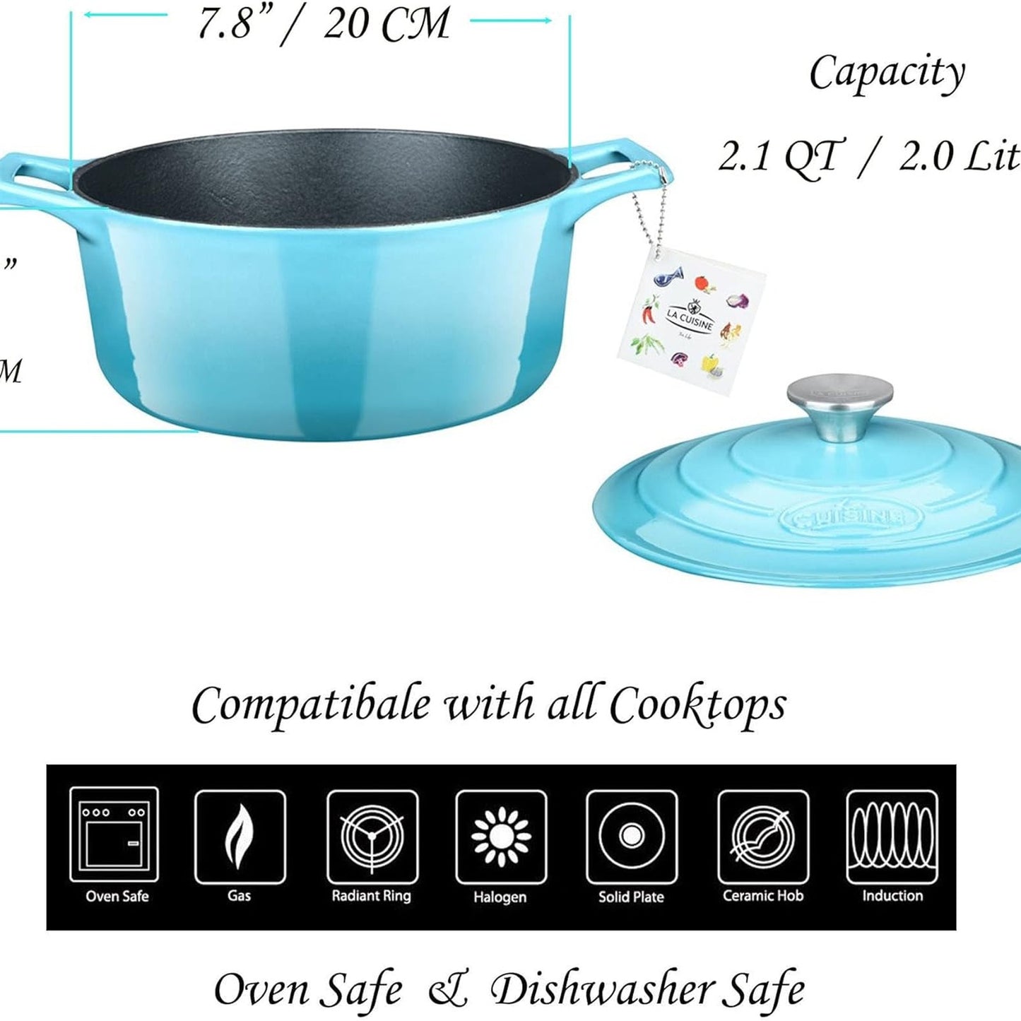 La Cuisine Enameled Cast Iron Dutch Oven Casserole Dish Pot with Lid, 2.1 NEW