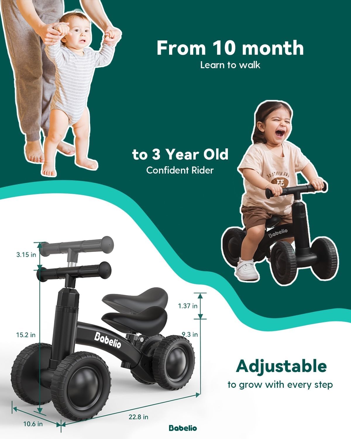 Babelio Black Medium Balance Bike for Toddlers 10-36 Months, Adjustable DEMO