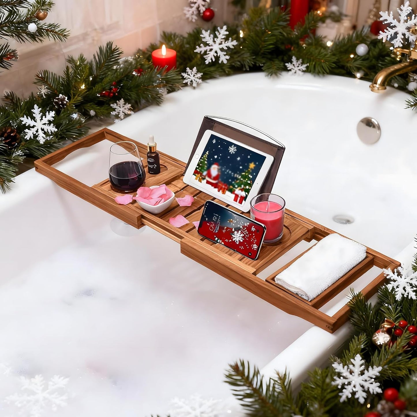 Utoplike Natural Teak Bathtub Caddy Tray - Unique Bathroom Organizer NEW