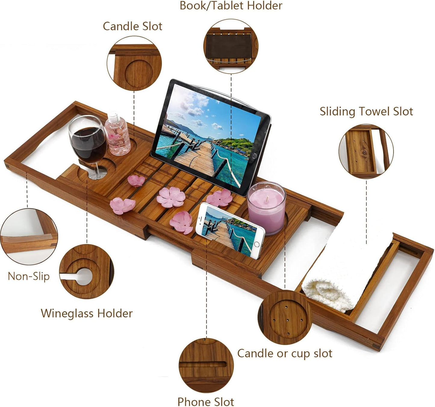 Utoplike Natural Teak Bathtub Caddy Tray - Unique Bathroom Organizer NEW