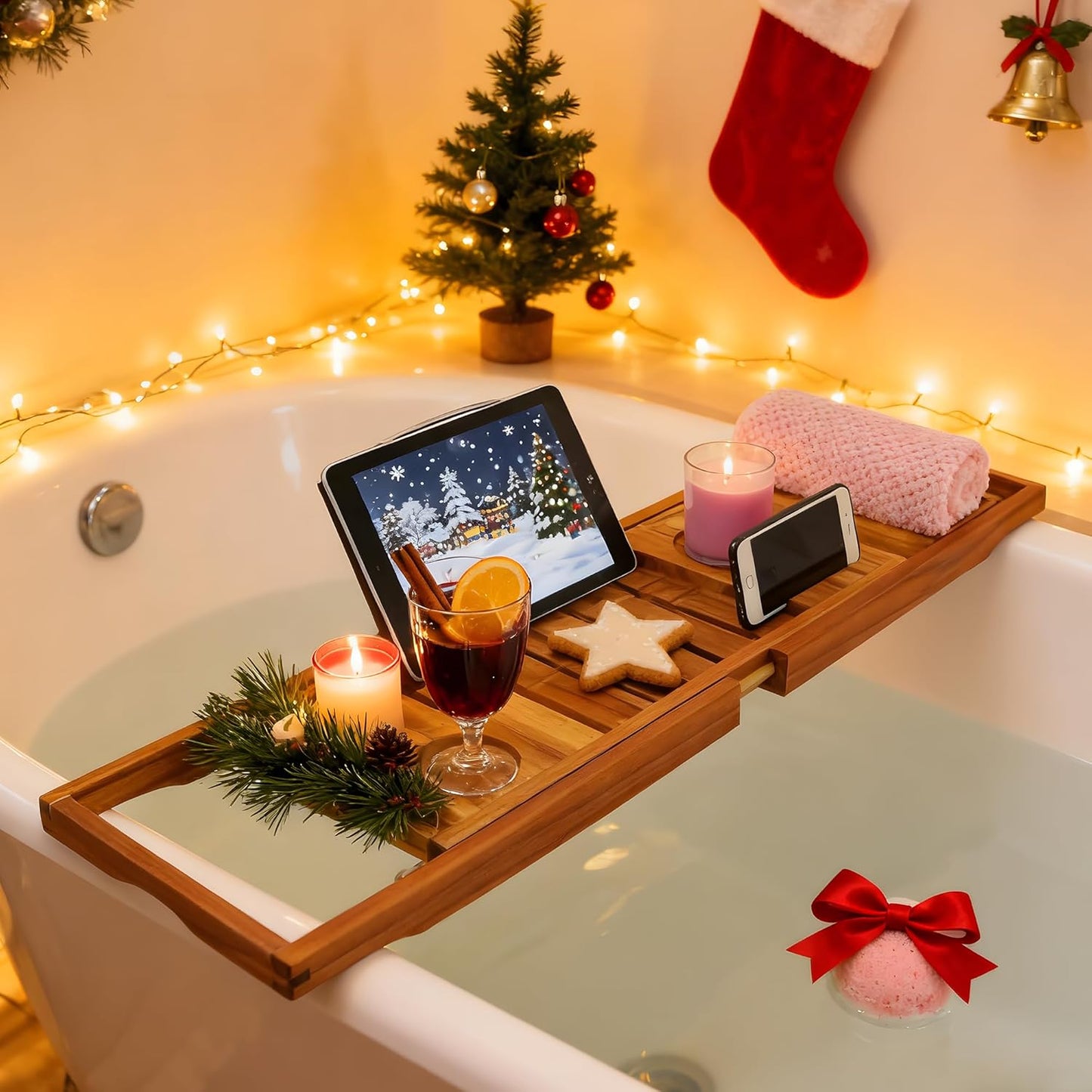 Utoplike Natural Teak Bathtub Caddy Tray - Unique Bathroom Organizer NEW