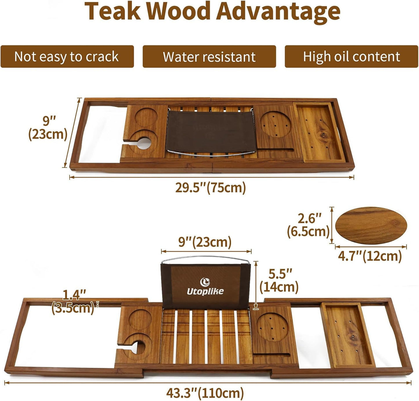 Utoplike Natural Teak Bathtub Caddy Tray - Unique Bathroom Organizer NEW
