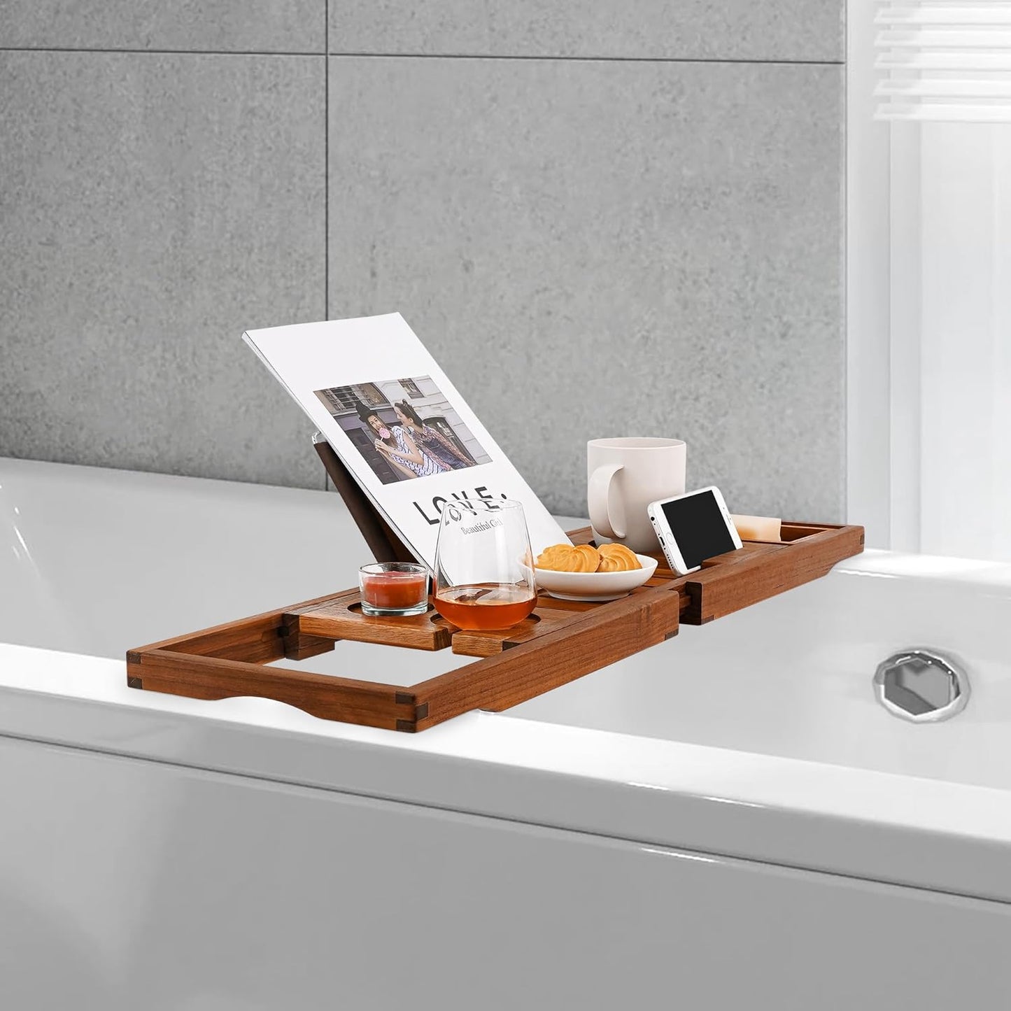 Utoplike Natural Teak Bathtub Caddy Tray - Unique Bathroom Organizer NEW