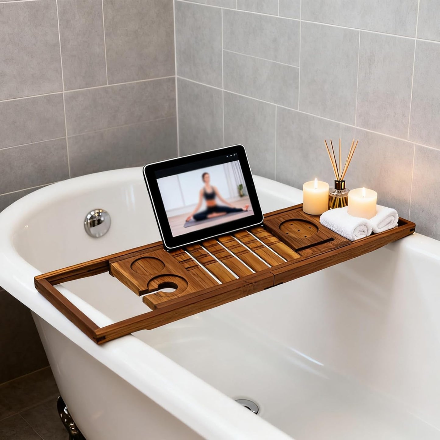 Utoplike Natural Teak Bathtub Caddy Tray - Unique Bathroom Organizer NEW