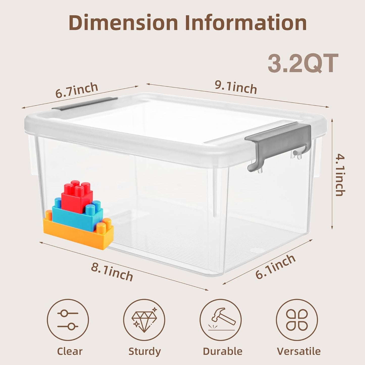 Clear Plastic Storage Bins with Lids, 3.2 Qt Open Containers, , Transparent NEW
