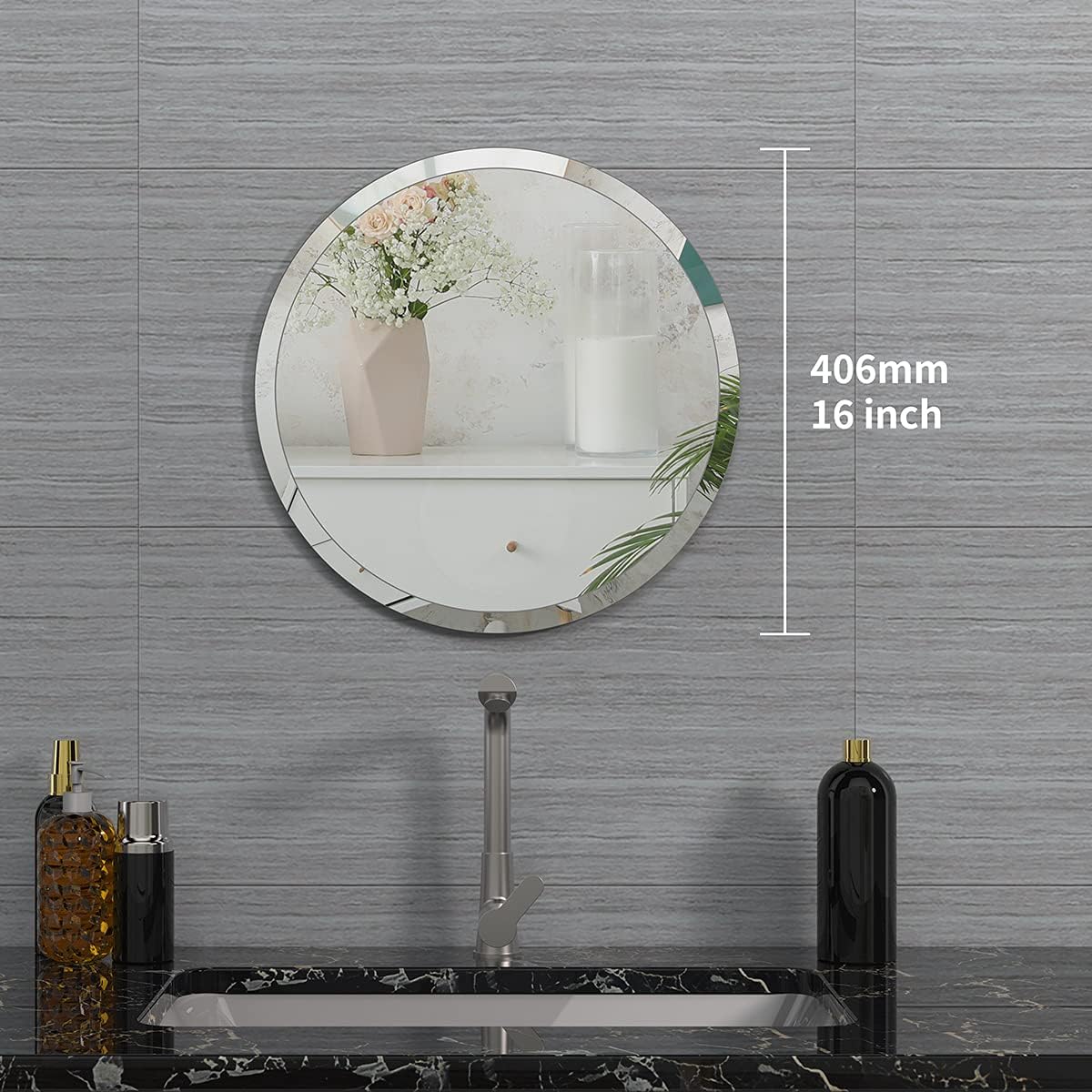Round Wall-Mounted Mirror Frameless Beveled Bathroom Glass Silver 40.6cm NEW