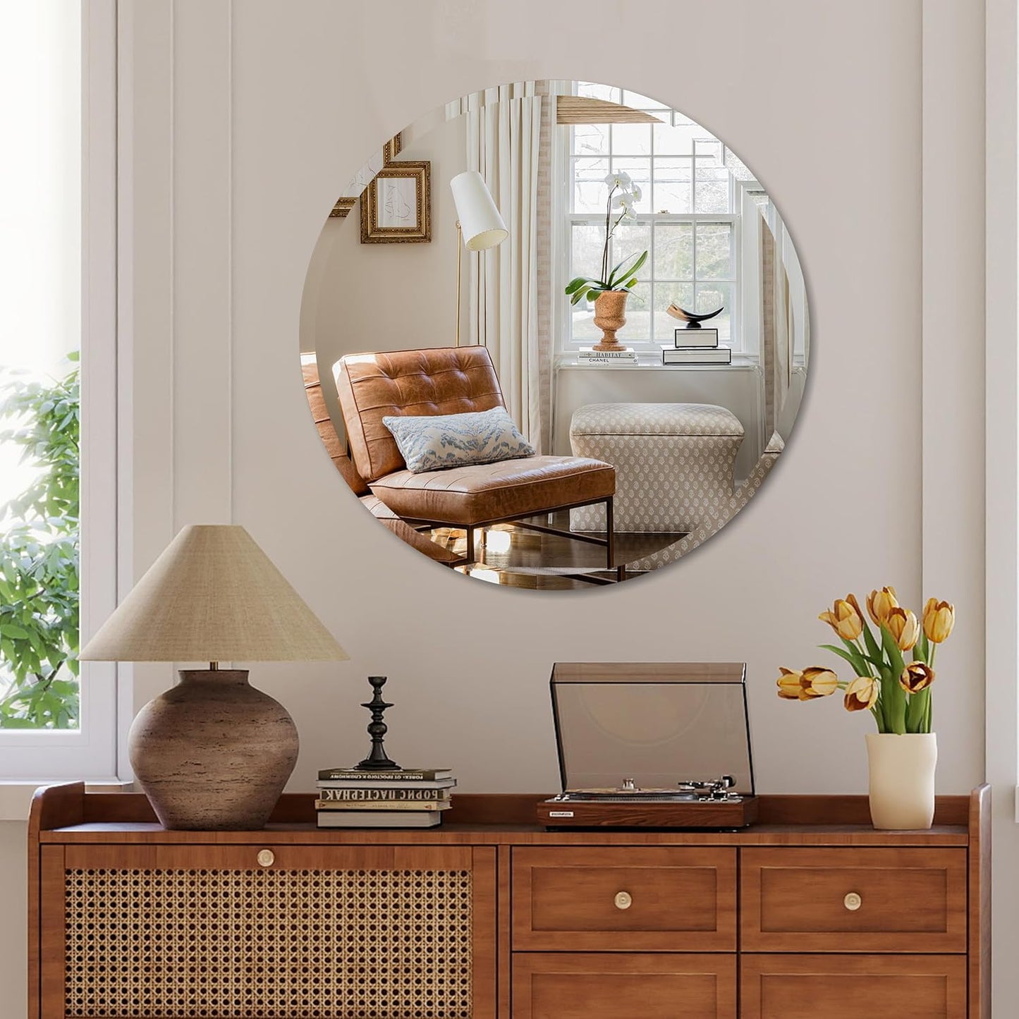 Round Wall-Mounted Mirror Frameless Beveled Bathroom Glass Silver 40.6cm NEW