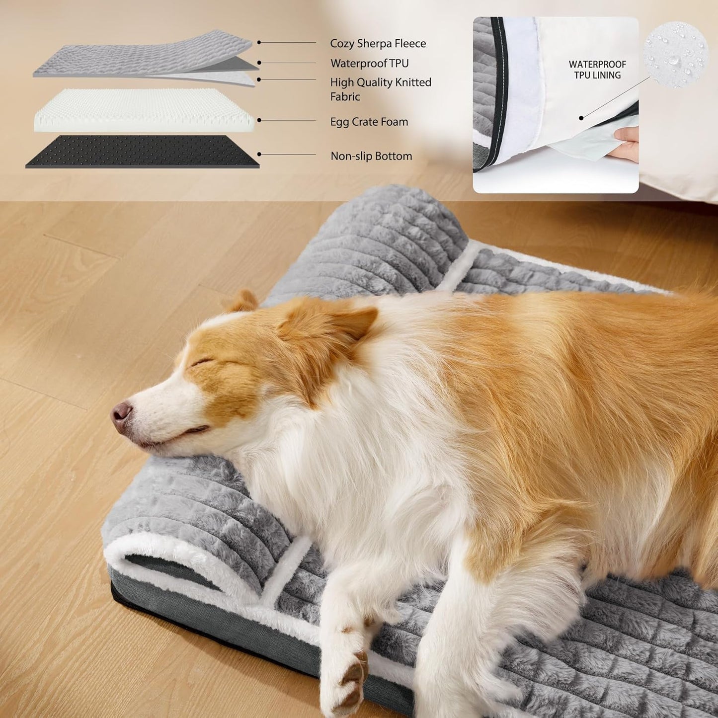 Large Orthopedic Pet Supplies Dog Bed, Waterproof & Soft, Grey, 91L x 61W NEW