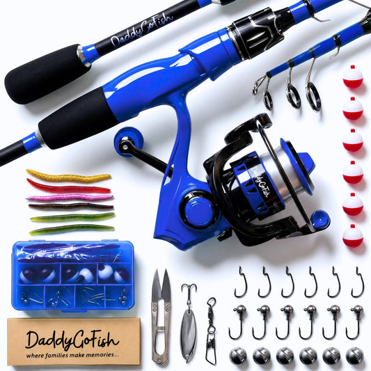 DaddyGoFish Spinning Fishing Rod and Reel Combo Set with Tackle Box Blue DEMO