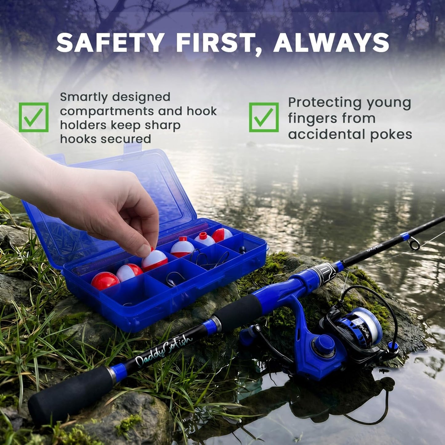 DaddyGoFish Spinning Fishing Rod and Reel Combo Set with Tackle Box Blue DEMO