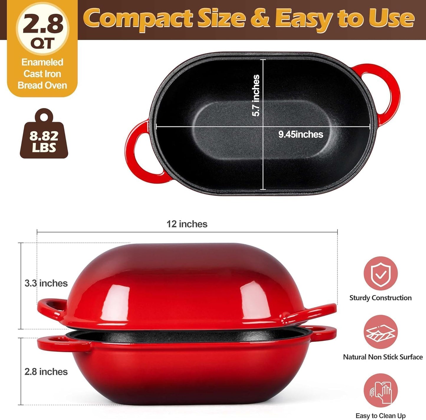 Enameled Cast Iron Dutch Oven for Bread Baking, 2.8qt, Red - Durable NEW
