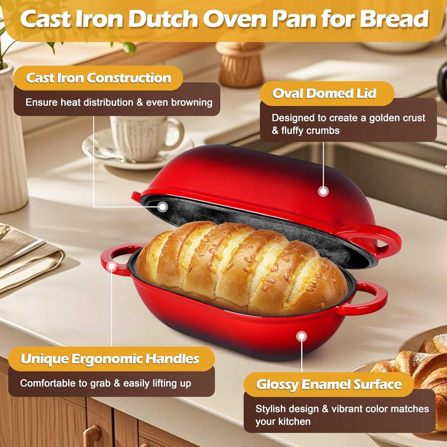 Enameled Cast Iron Dutch Oven for Bread Baking, 2.8qt, Red - Durable NEW