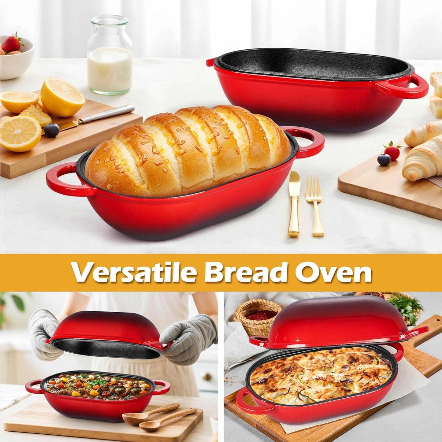 Enameled Cast Iron Dutch Oven for Bread Baking, 2.8qt, Red - Durable NEW