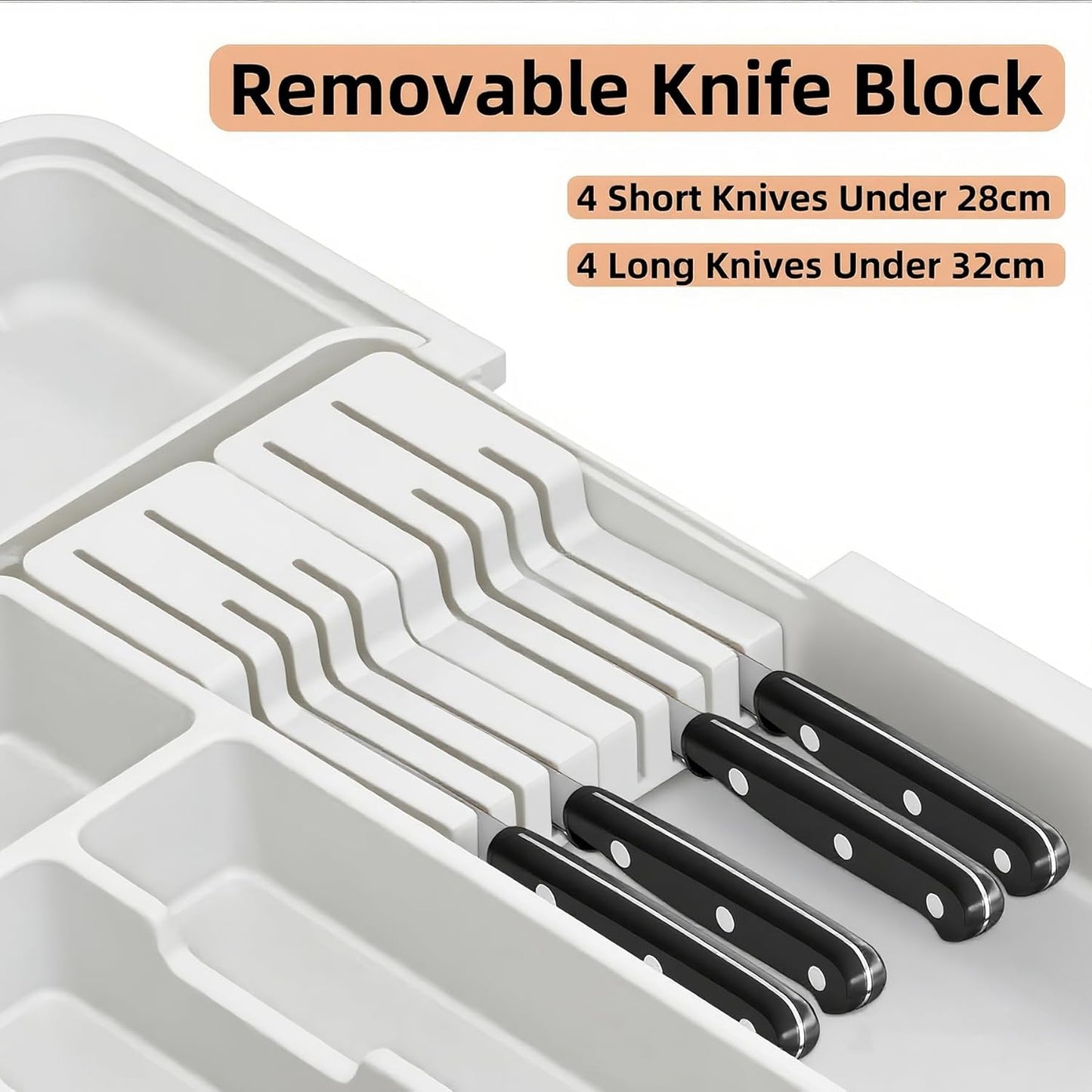 Expandable Cutlery Drawer Organizer Utensil Tray Removable Knife White DEMO