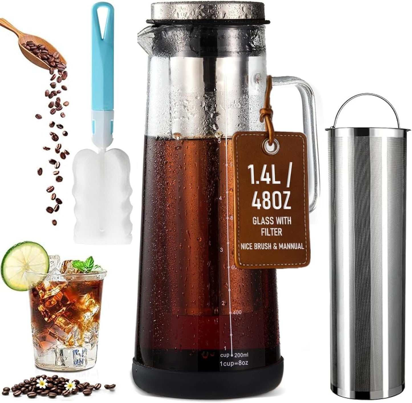 Transparent 1400mL Cold Brew Coffee Maker Iced Tea Carafe Glass Beverage NEW