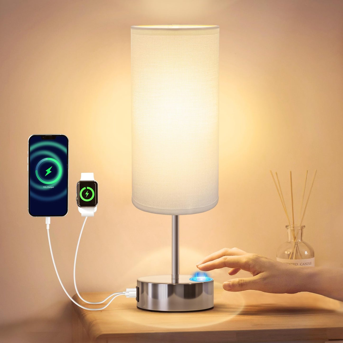 Touch Control Table Lamp with USB Charging Silver Base/White Shade DEMO