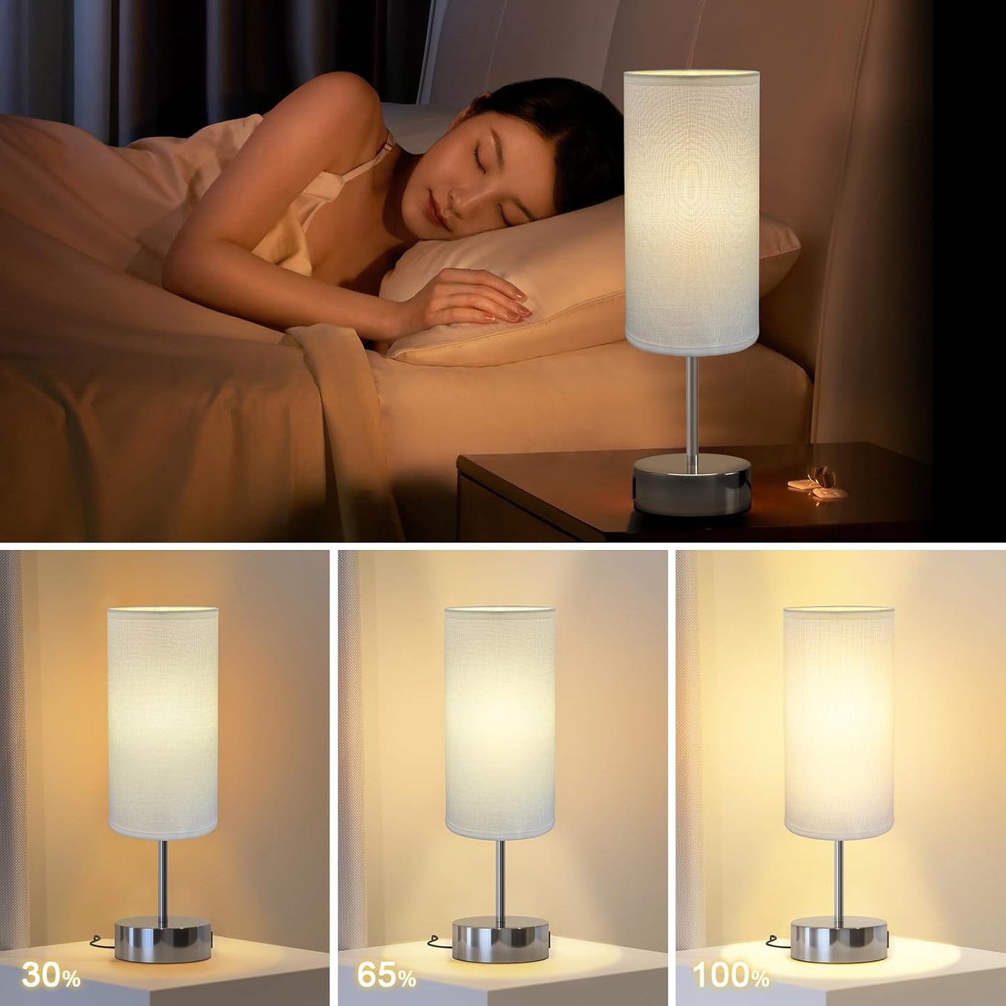Touch Control Table Lamp with USB Charging Silver Base/White Shade DEMO