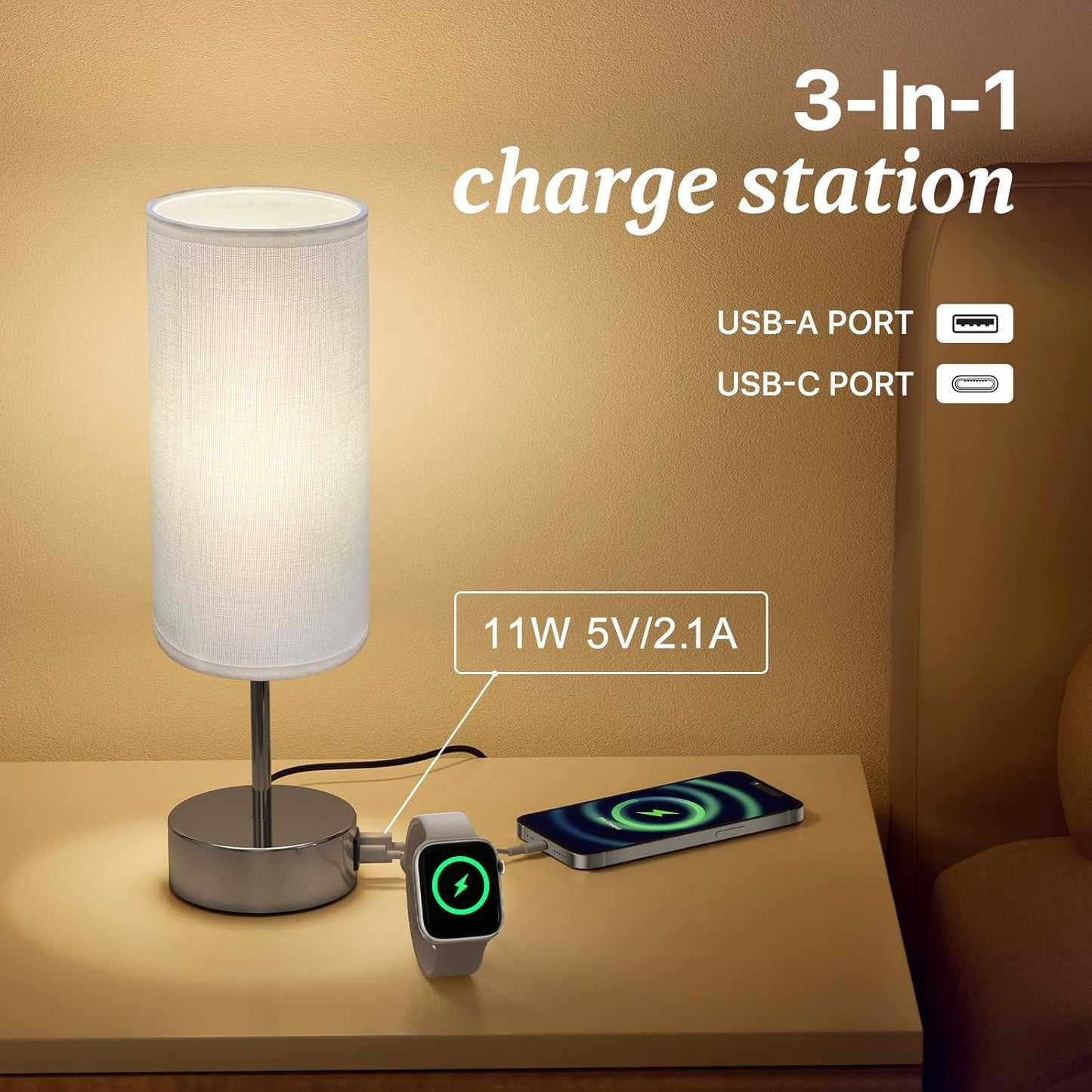 Touch Control Table Lamp with USB Charging Silver Base/White Shade DEMO