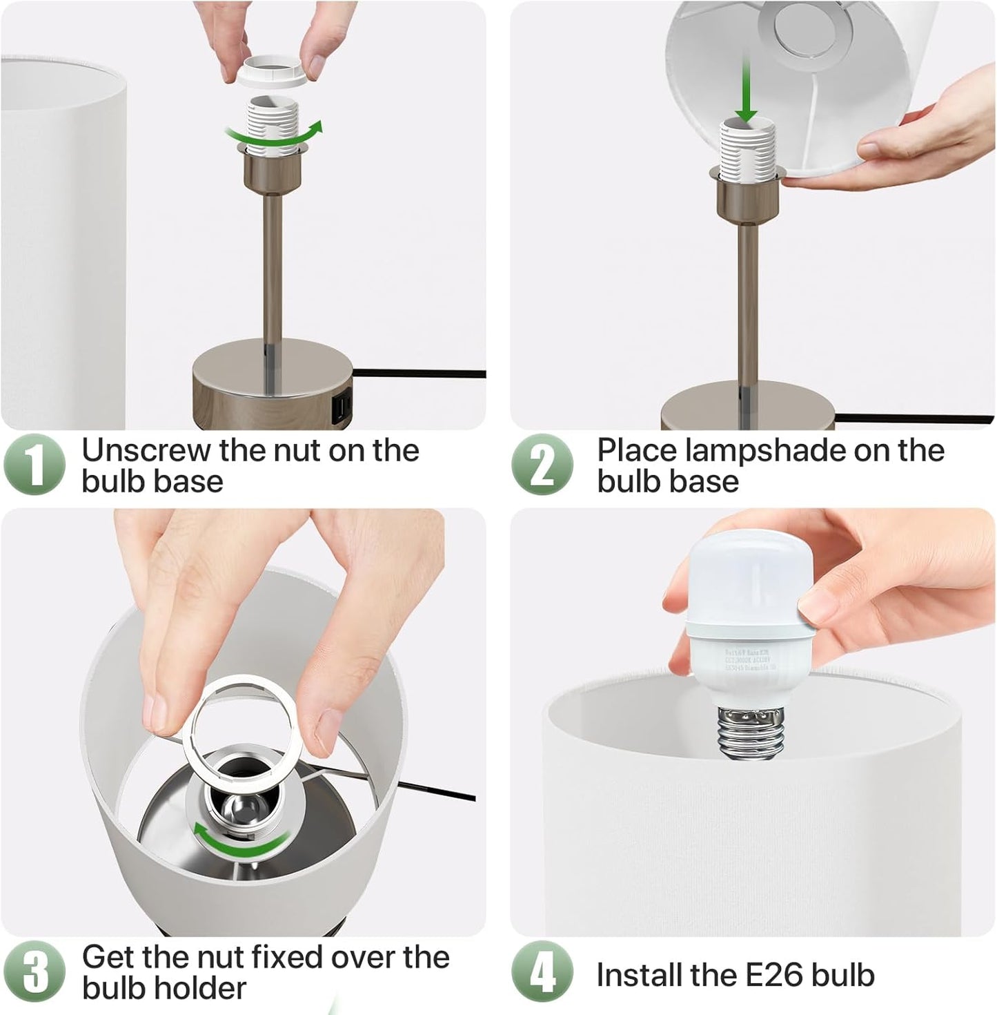 Touch Control Table Lamp with USB Charging Silver Base/White Shade DEMO
