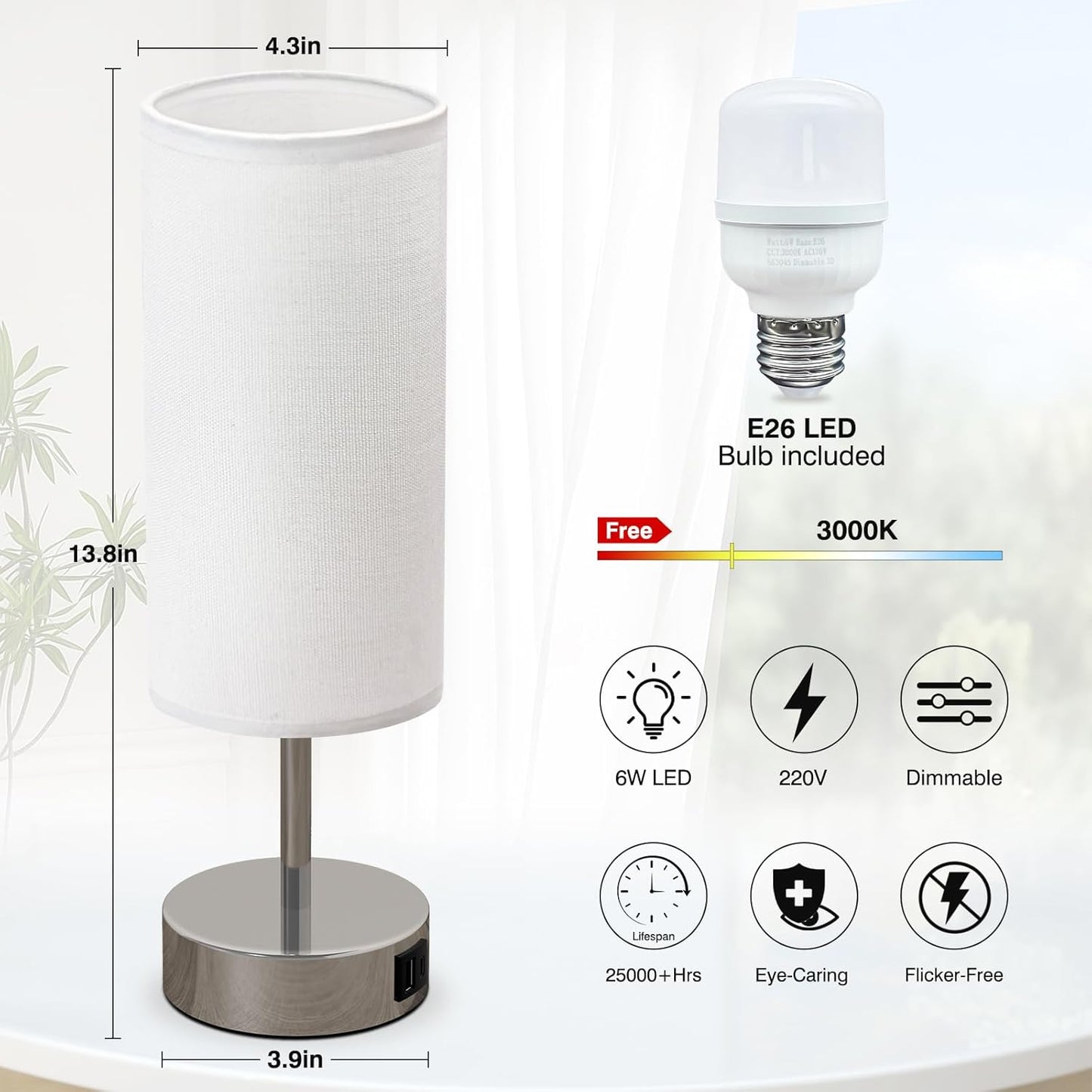 Touch Control Table Lamp with USB Charging Silver Base/White Shade DEMO