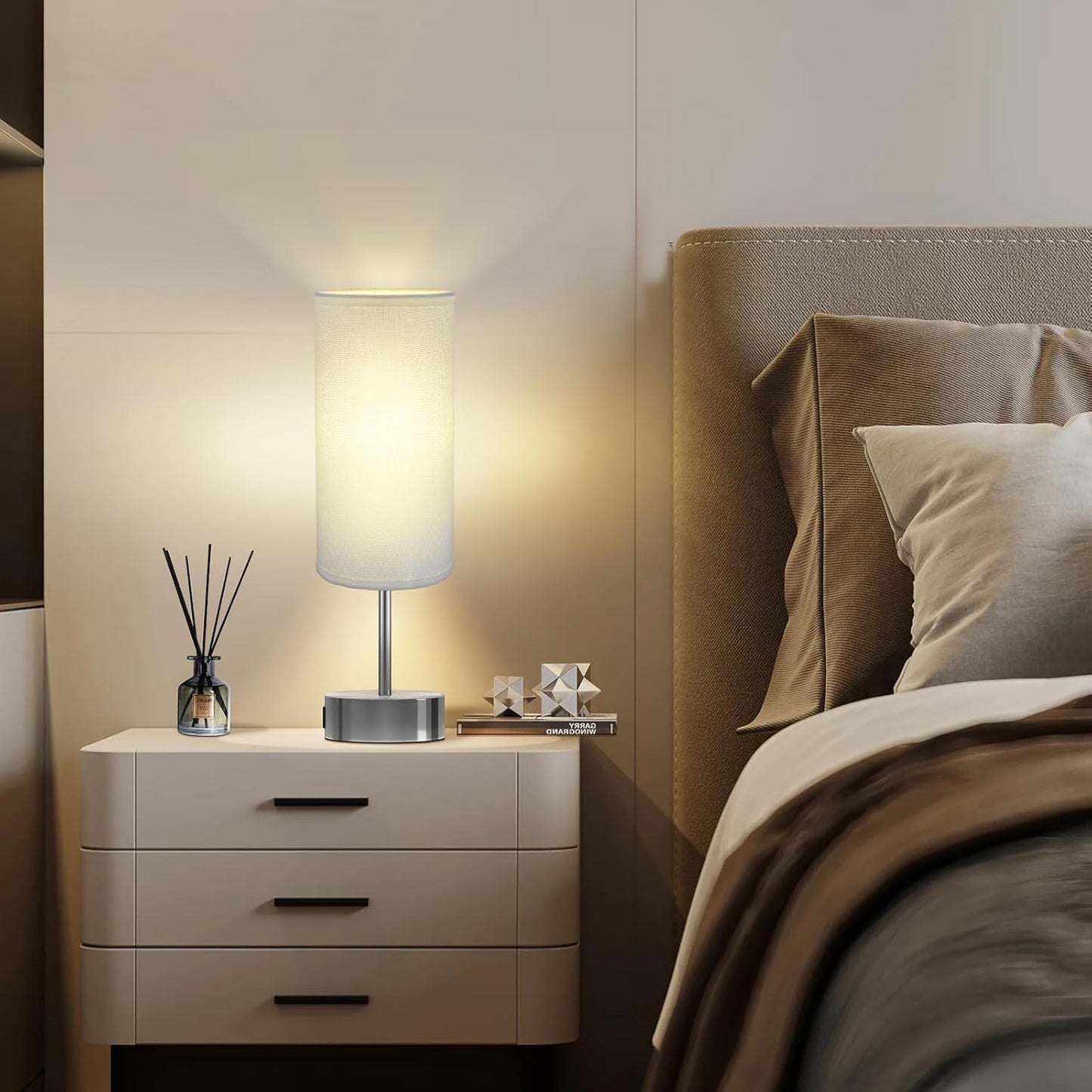 Touch Control Table Lamp with USB Charging Silver Base/White Shade DEMO