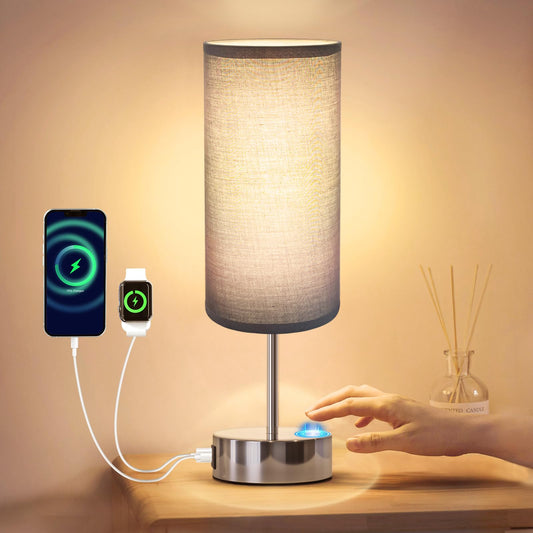 Touch Control Table Lamp with USB Charging Silver Base/Grey Shade DEMO