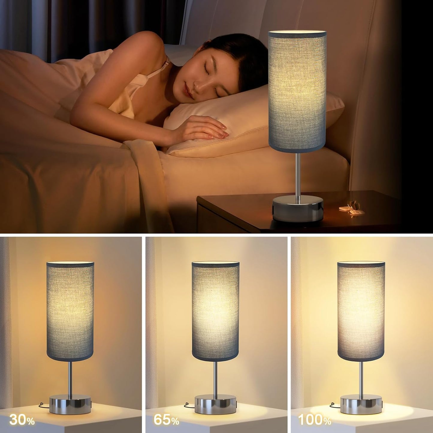 Touch Control Table Lamp with USB Charging Silver Base/Grey Shade DEMO