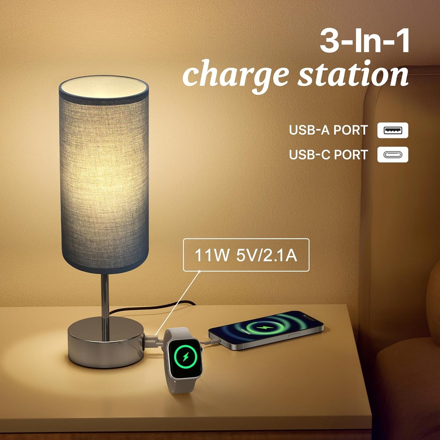 Touch Control Table Lamp with USB Charging Silver Base/Grey Shade DEMO
