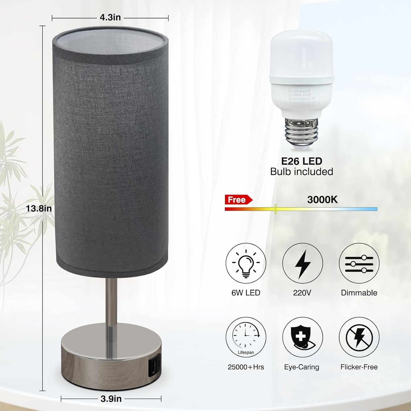 Touch Control Table Lamp with USB Charging Silver Base/Grey Shade DEMO