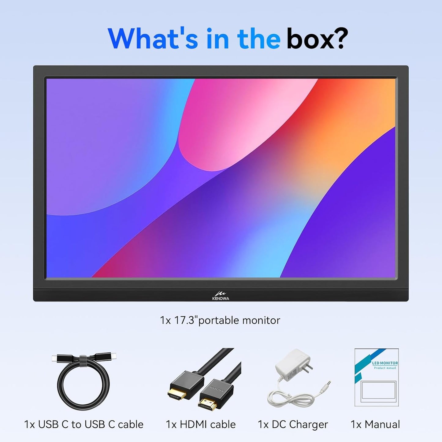 Kenowa 17.3" Monitors Portable USB-C Monitor, 1600x900 HD Display for DEMO