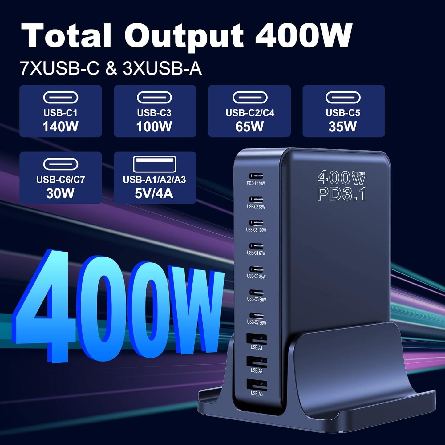 400W Mains Charger 10-Port USB-C PD3.1 140W PPS 45W QC 20W Fast Charging NEW