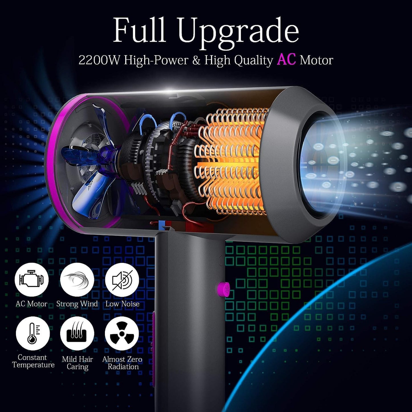 NEWSEE 2200W Professional Ionic Hair Dryer for Powerful Drying, Dark Grey DEMO
