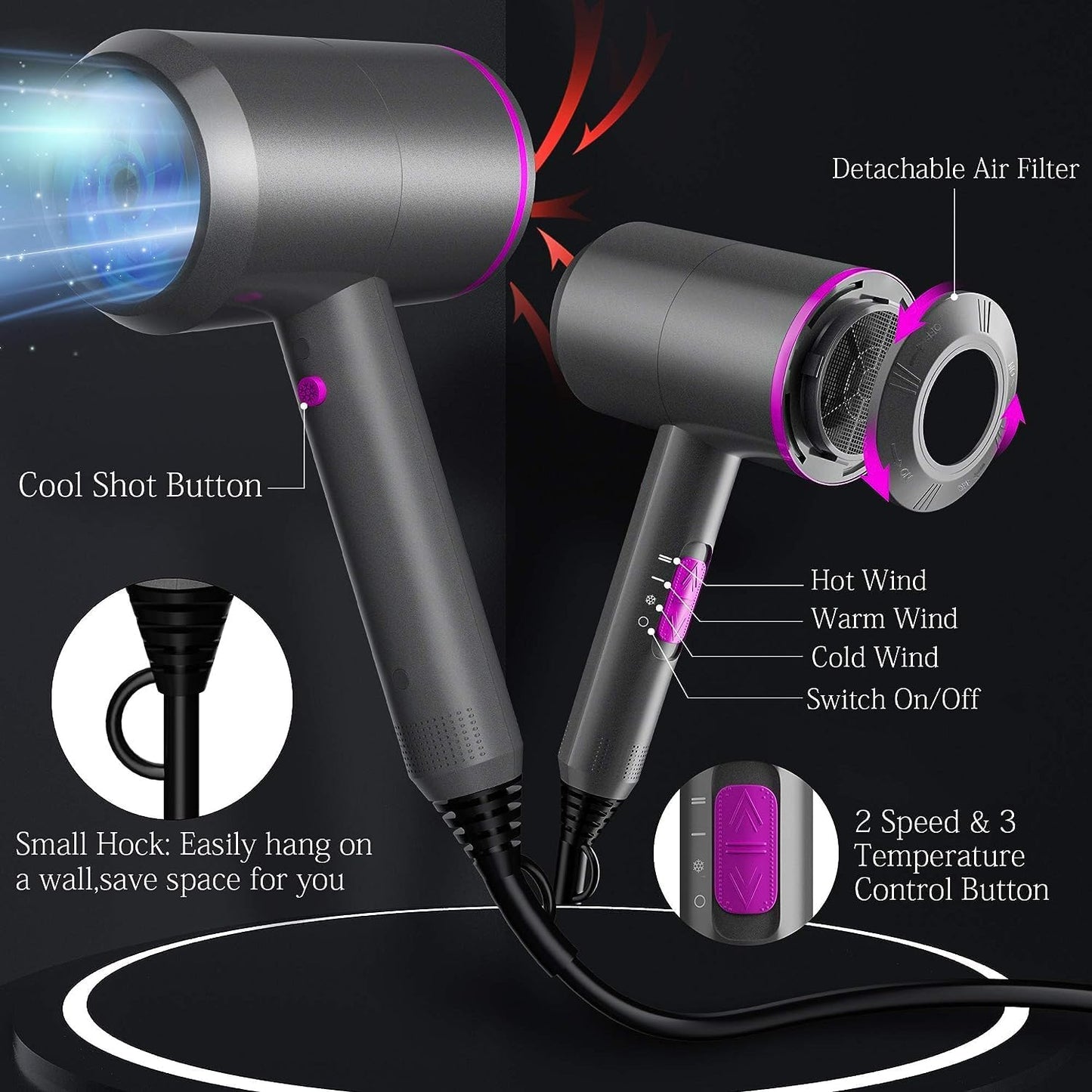 NEWSEE 2200W Professional Ionic Hair Dryer for Powerful Drying, Dark Grey DEMO