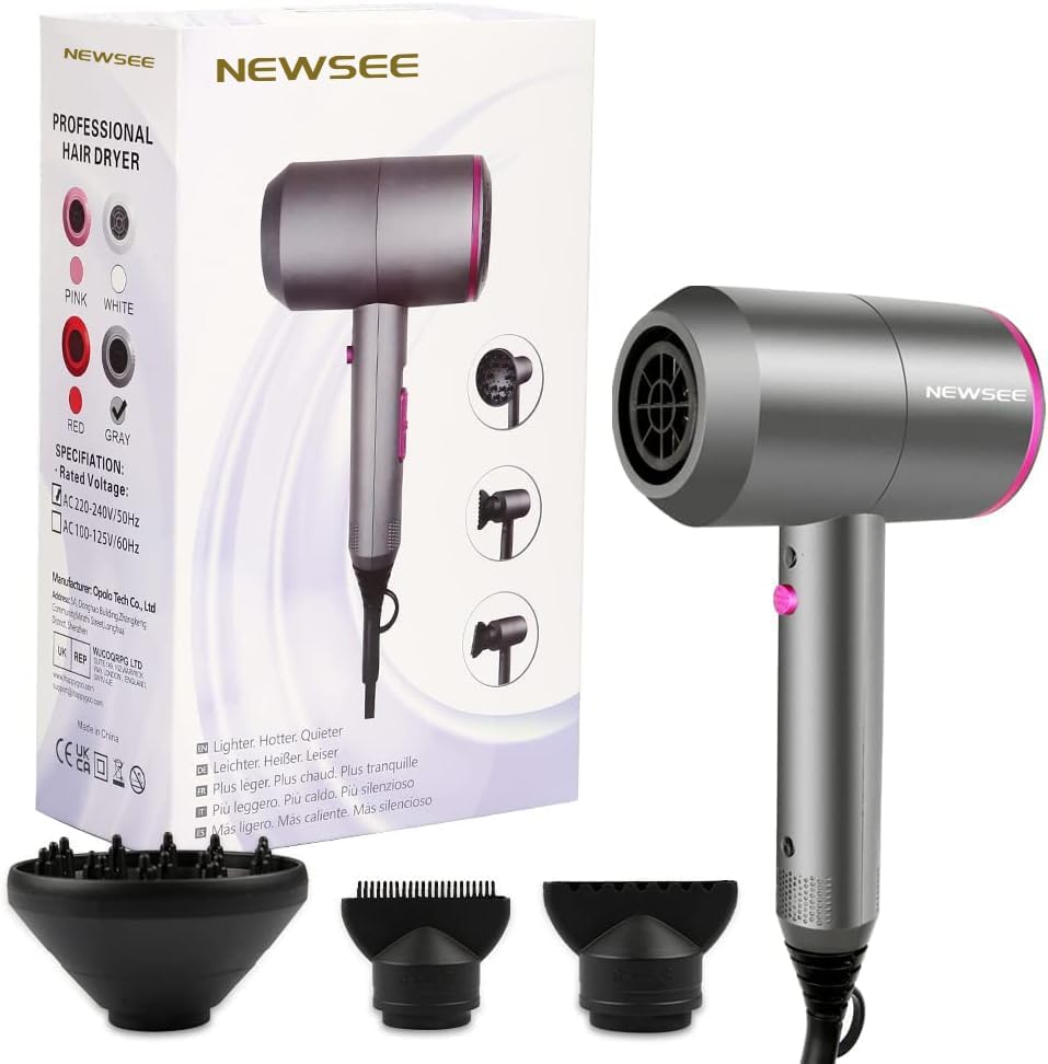 NEWSEE 2200W Professional Ionic Hair Dryer for Powerful Drying, Dark Grey DEMO