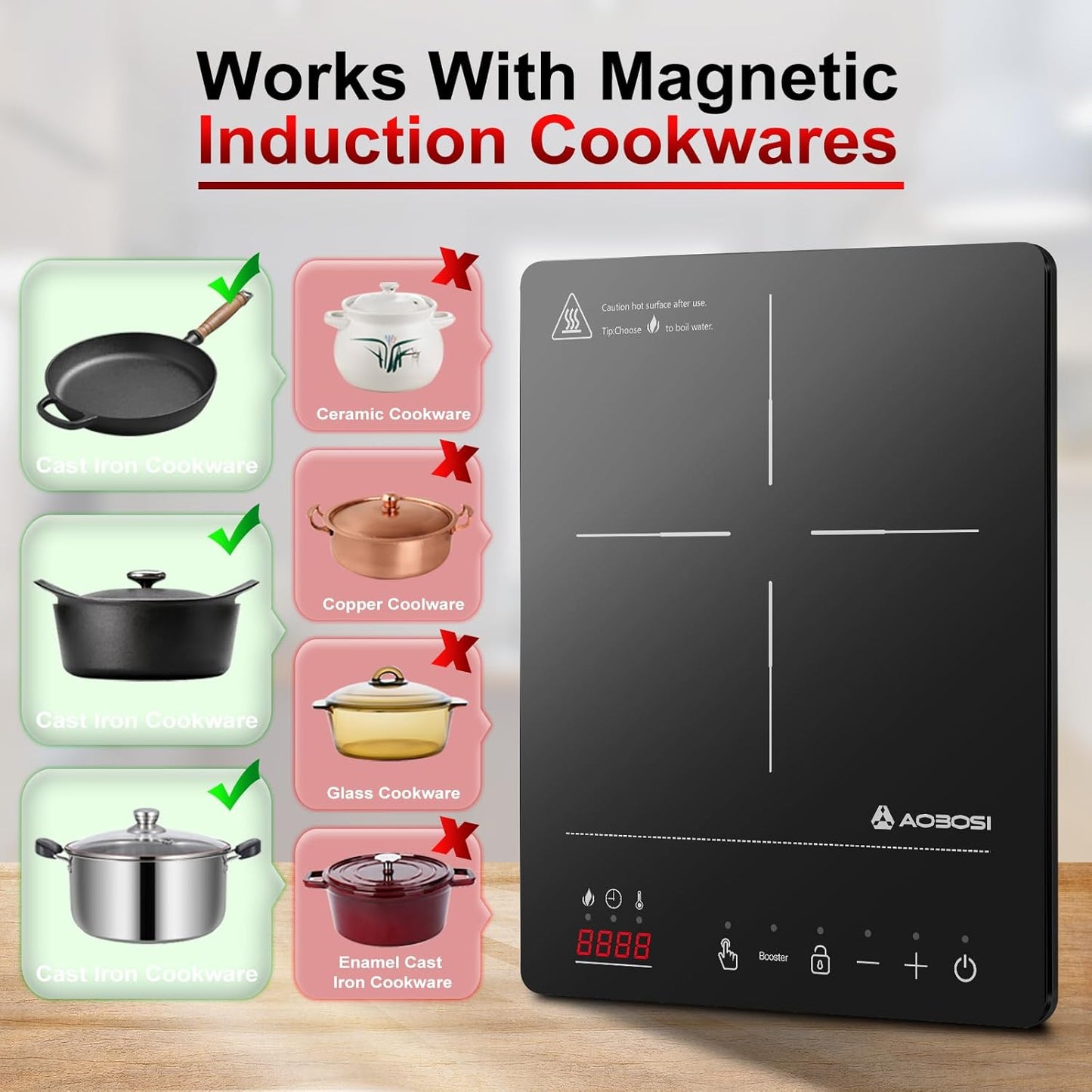 AAOBOSI 2000W Portable Induction Cooktop Single Cooker Ceramic Glass Black NEW