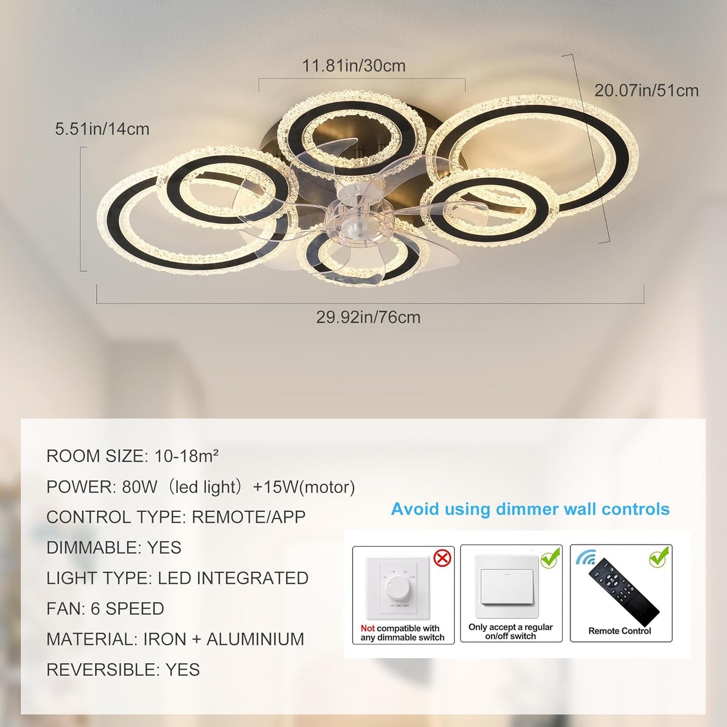 GEADI Modern Black Chandeliers Ceiling Fan with Lights, 6 Speeds, Low DEMO