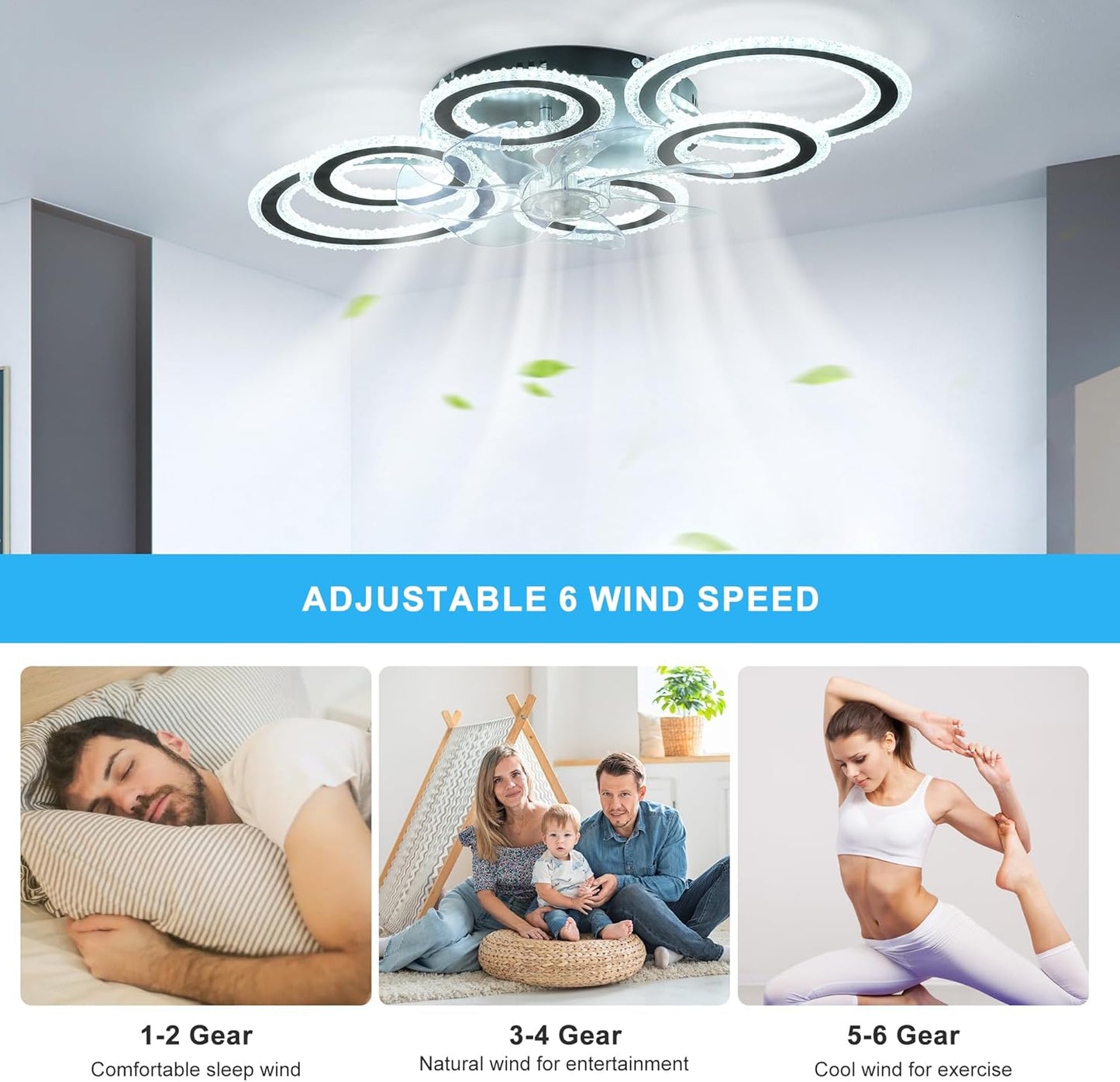 GEADI Modern Black Chandeliers Ceiling Fan with Lights, 6 Speeds, Low DEMO