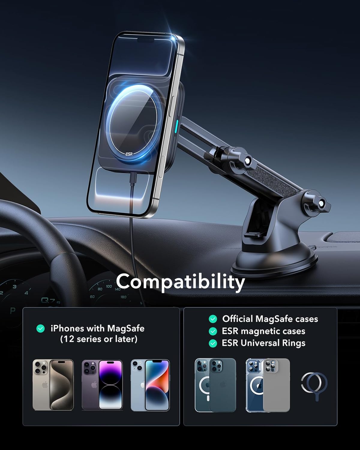 ESR 15W MagSafe Car Charger Wireless Charging Pad Dashboard Mount Black DEMO