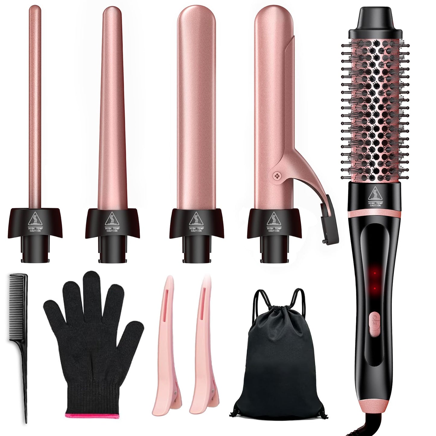 5-in-1 Curling Iron Hair Wand Set with Thermal Brush in Rose Gold for All DEMO