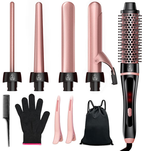 5-in-1 Curling Iron Hair Wand Set with Thermal Brush in Rose Gold for All DEMO