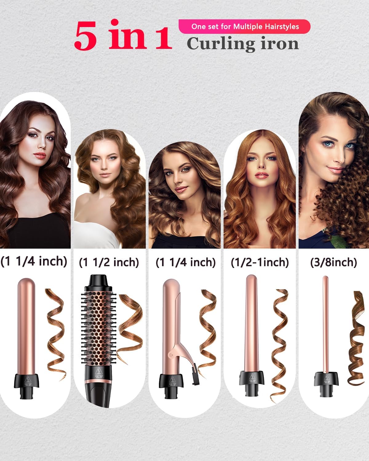 5-in-1 Curling Iron Hair Wand Set with Thermal Brush in Rose Gold for All DEMO
