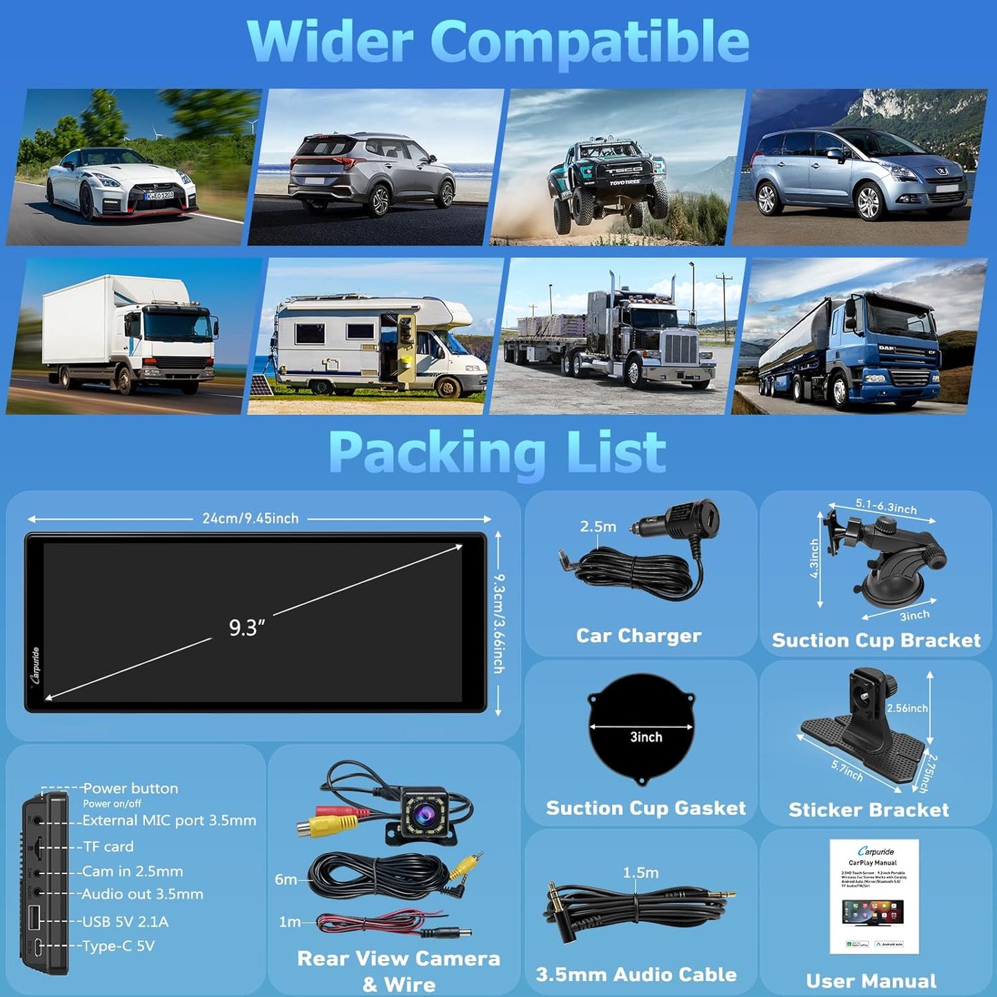 CARPURIDE 9.3" Car Components Wireless & Wired Apple CarPlay Screen for DEMO
