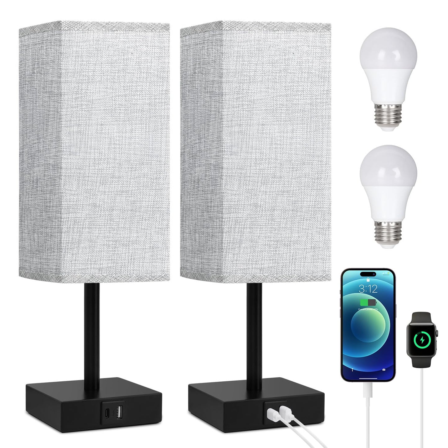 Soilsiu Touch Control Table Lamps Set of 2 Grey Bedside with USB Ports NEW