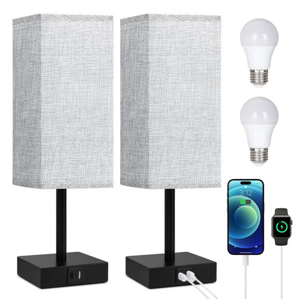 Soilsiu Touch Control Table Lamps Set of 2 Grey Bedside with USB Ports NEW