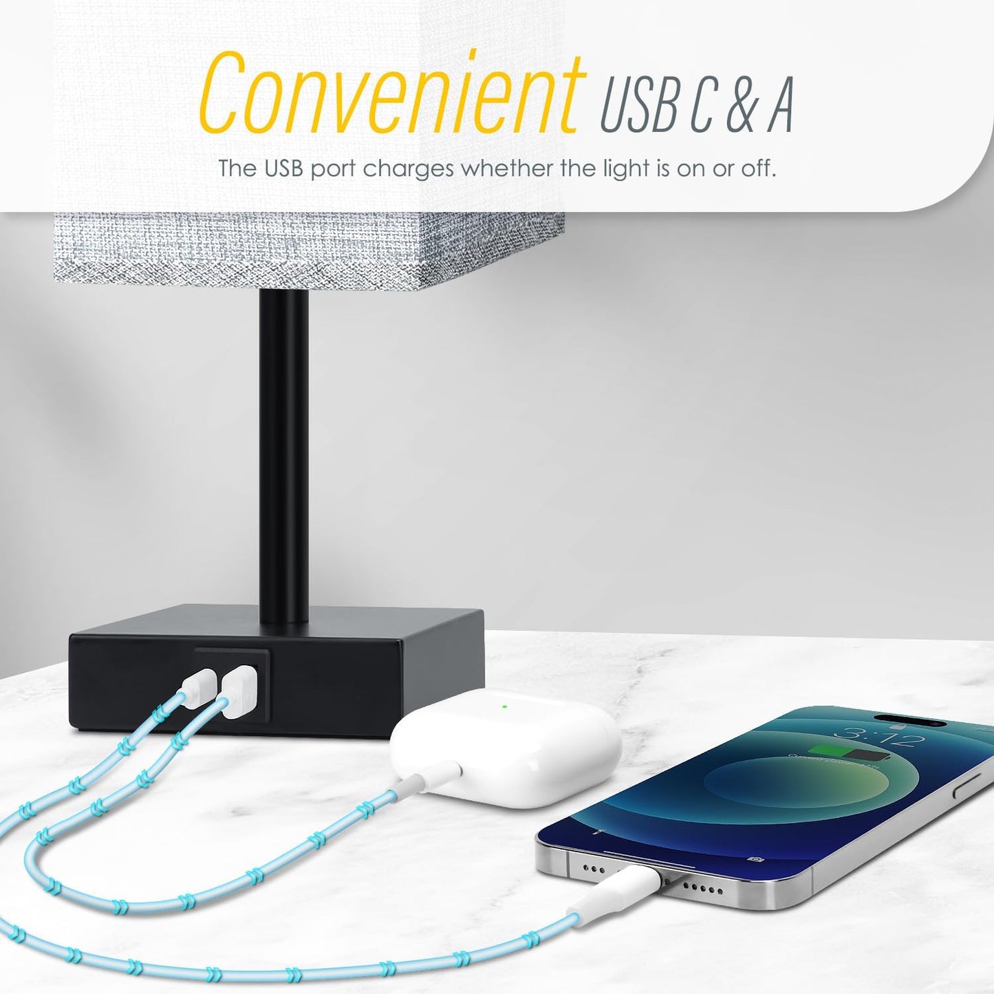 Soilsiu Touch Control Table Lamps Set of 2 Grey Bedside with USB Ports NEW