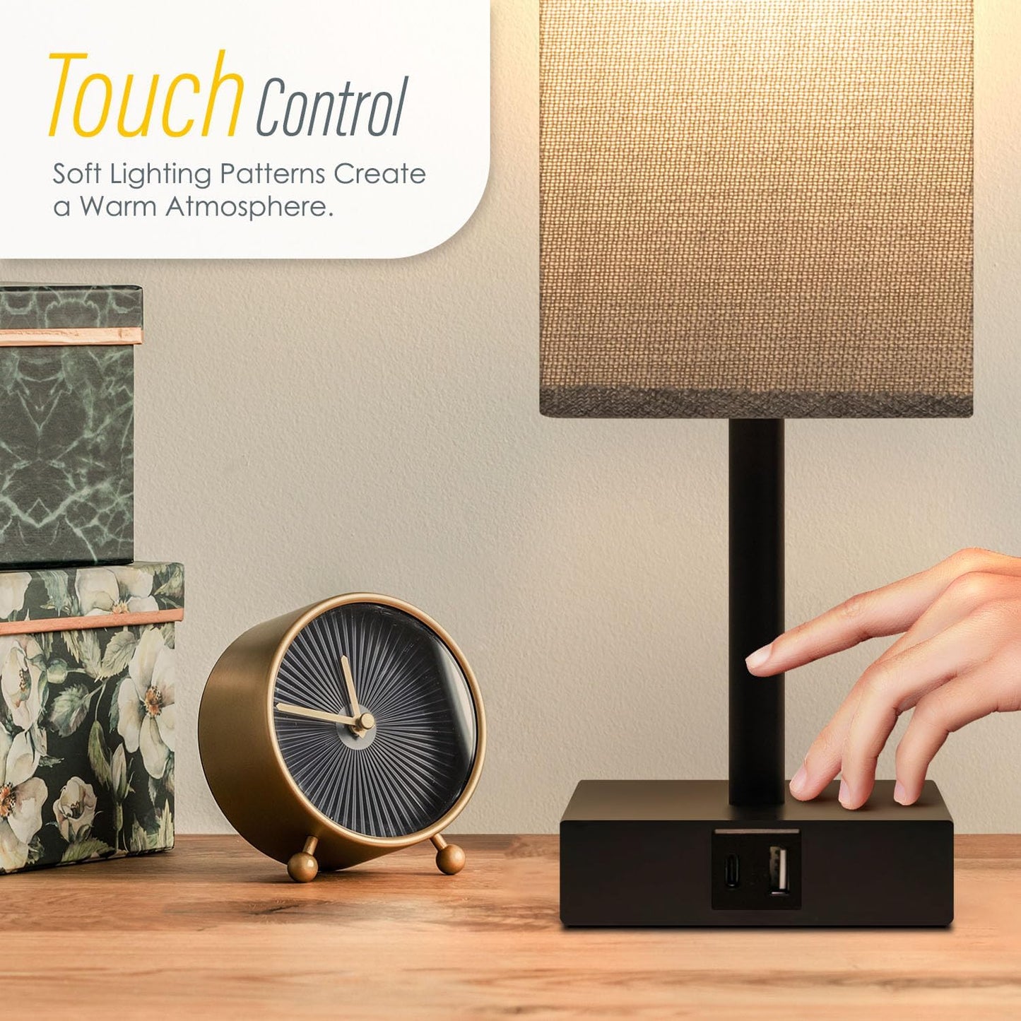 Soilsiu Touch Control Table Lamps Set of 2 Grey Bedside with USB Ports NEW