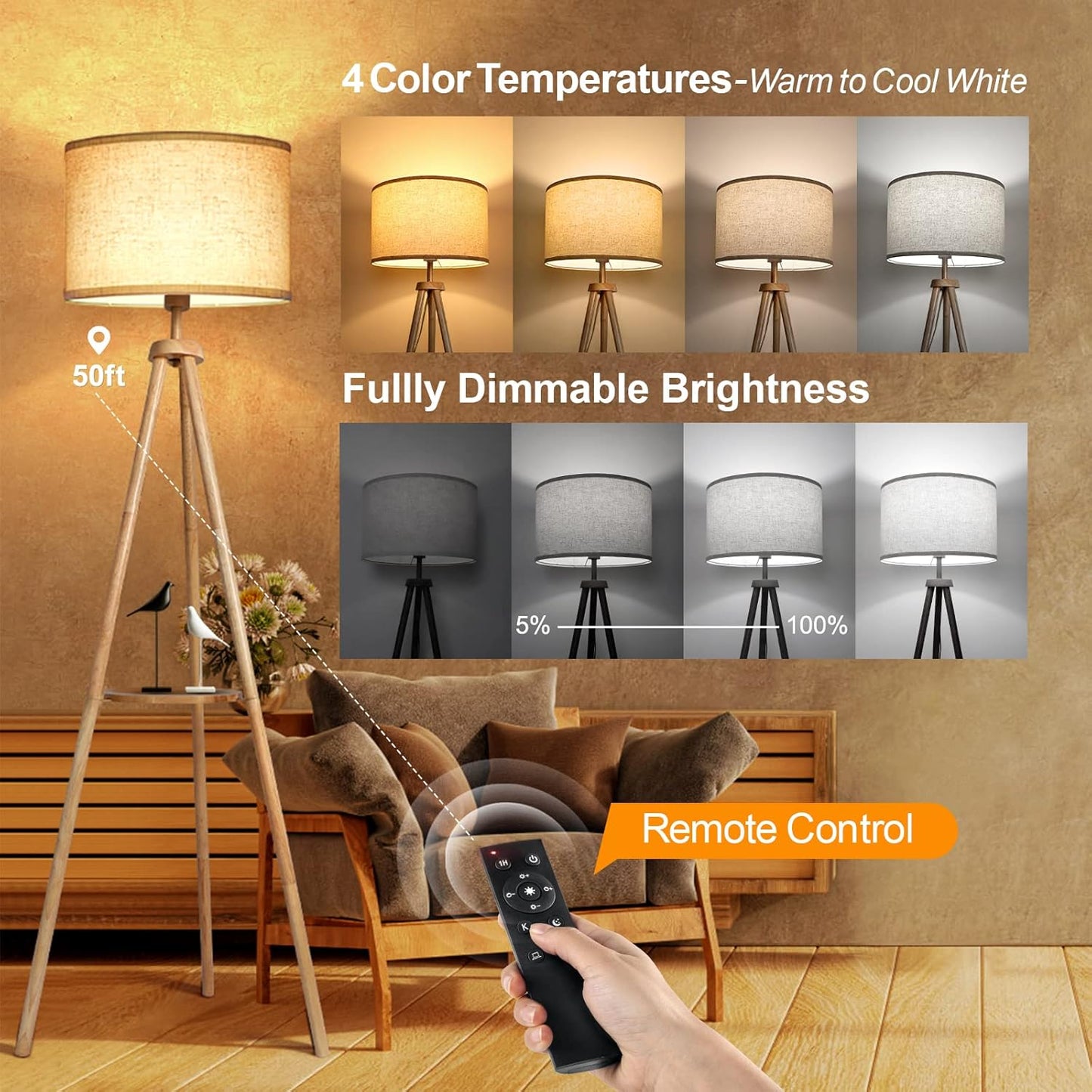 OUTON Dimmable Tripod Floor Lamp with Remote Control and Storage Shelf DEMO