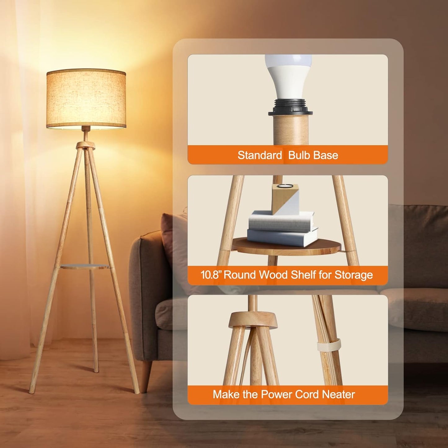 OUTON Dimmable Tripod Floor Lamp with Remote Control and Storage Shelf DEMO