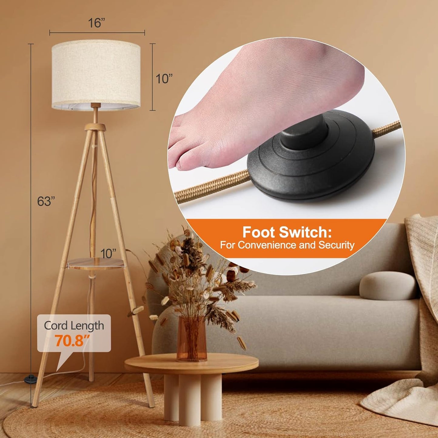 OUTON Dimmable Tripod Floor Lamp with Remote Control and Storage Shelf DEMO