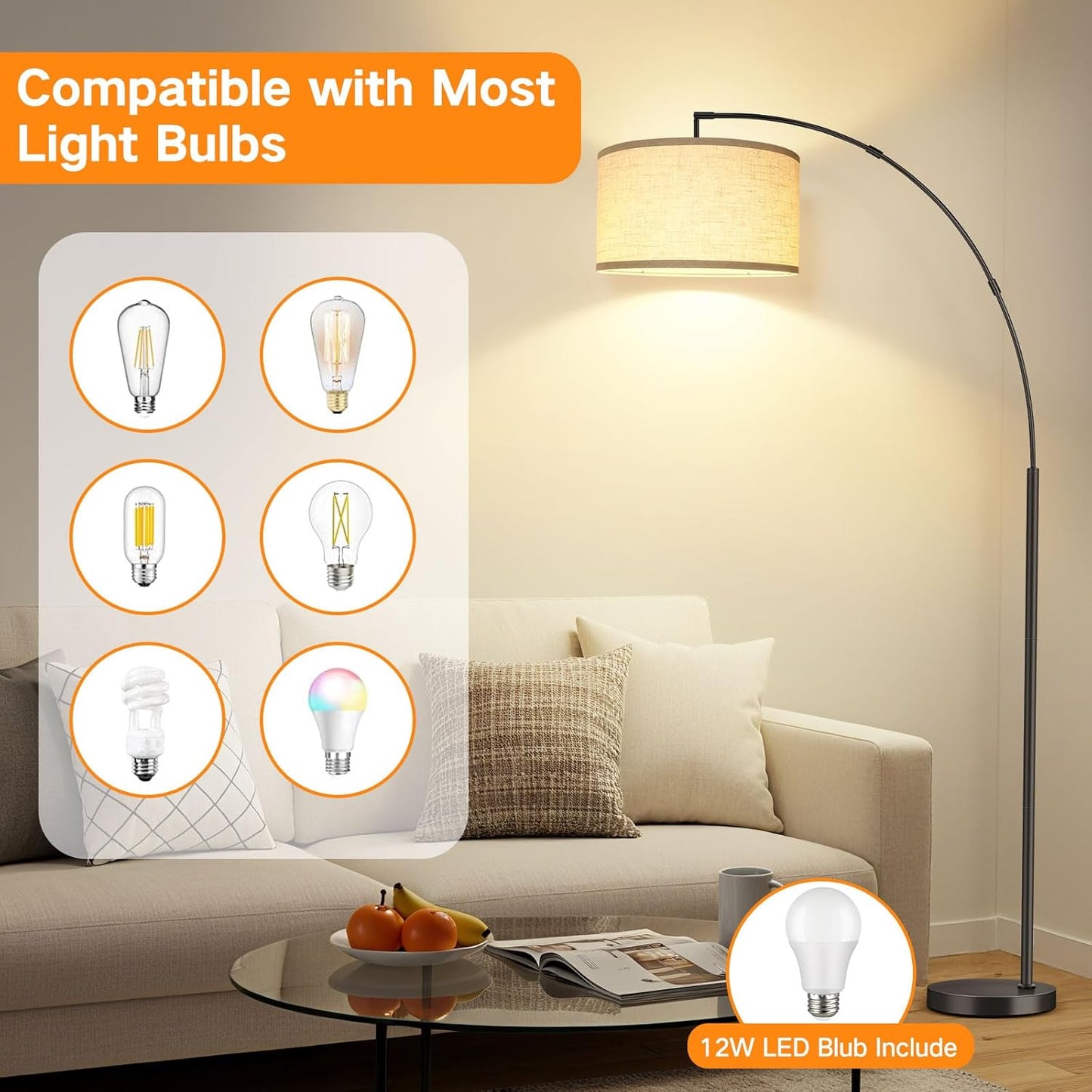 OUTON 12W 1080LM Dimmable LED Floor Lamp with Beige Shade - Bright & DEMO